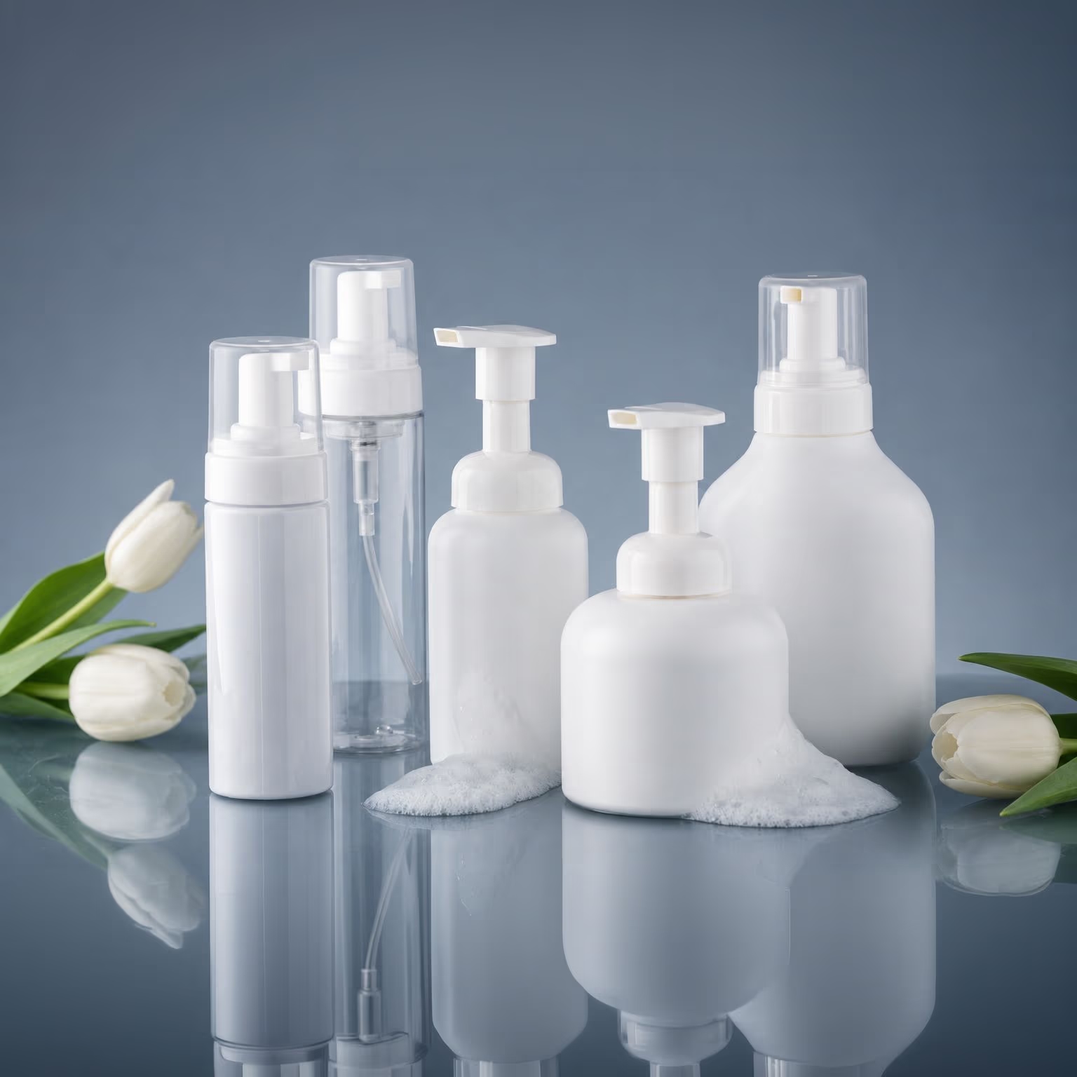 Bottle packaging with a foam pump designed to dispense products as fine foam.